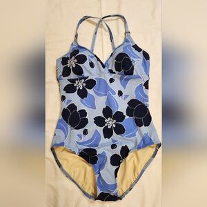 Lands End tropical one piece swimsuit blue‎ floral size 12
